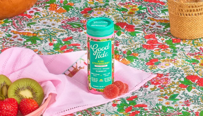 Good Tide Kiwi Strawberry Gummies — solventless rosin gummies tube styled with real kiwi strawberry and tropical decor