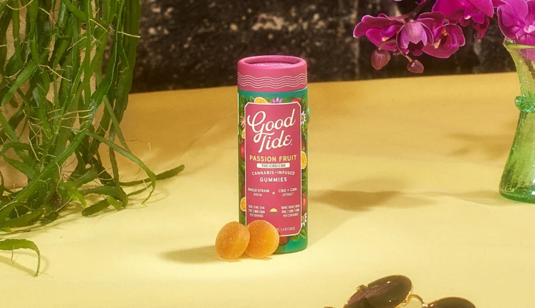 Good Tide Passion Fruit Gummies — solventless rosin gummies tube styled with real passion fruit and tropical decor