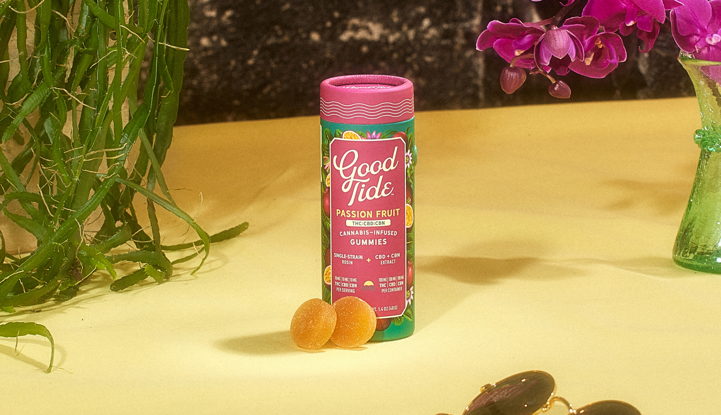 Good Tide Passion Fruit Gummies — solventless rosin gummies tube styled with real passion fruit and tropical decor
