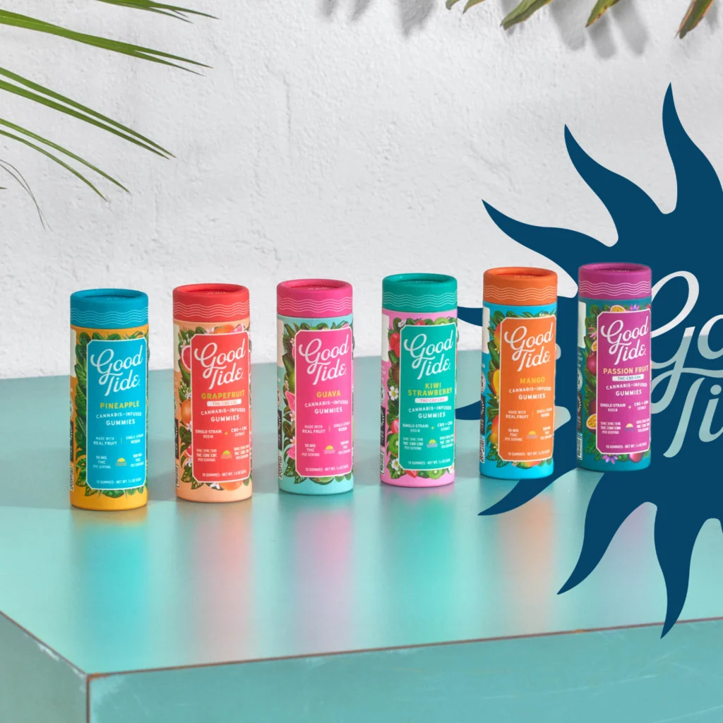 All six Good Tide solventless rosin gummy flavors lined up together