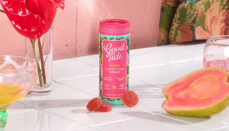 Good Tide Guava Gummies — solventless rosin gummies tube styled with real guava and tropical decor